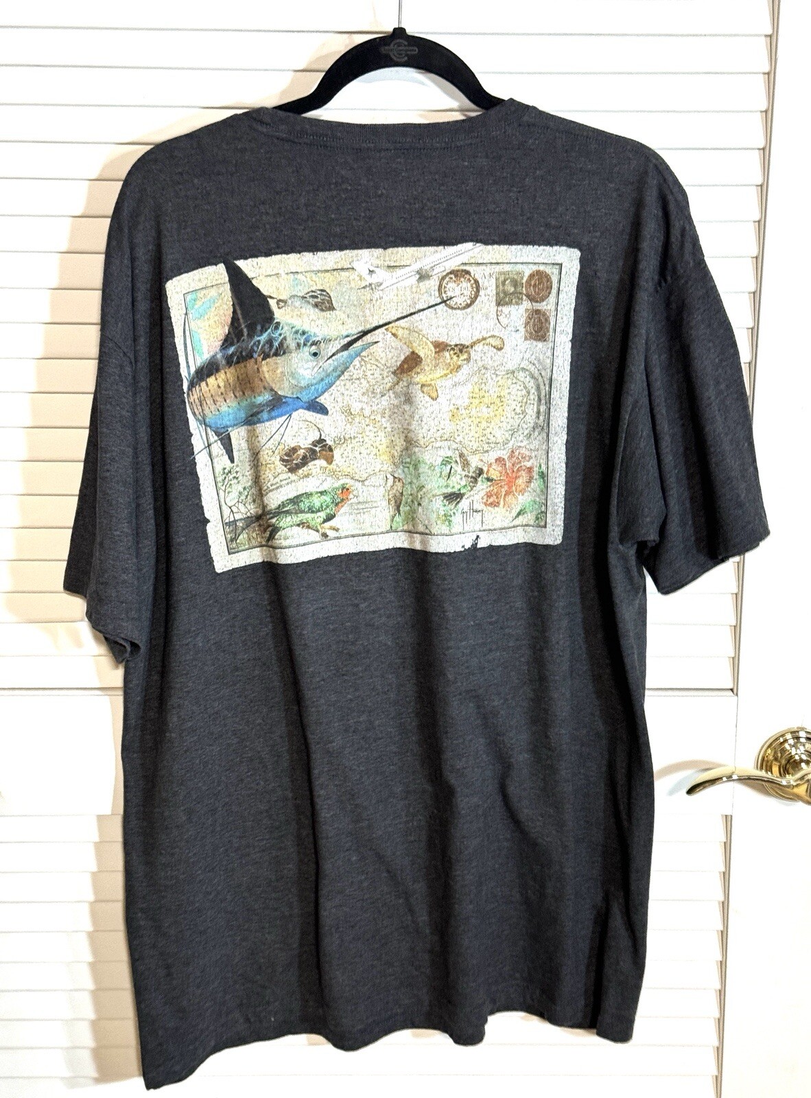 Guy Harvey Men Deep Sea Fishing Size XL Tee Shirt Gray Graphic EUC