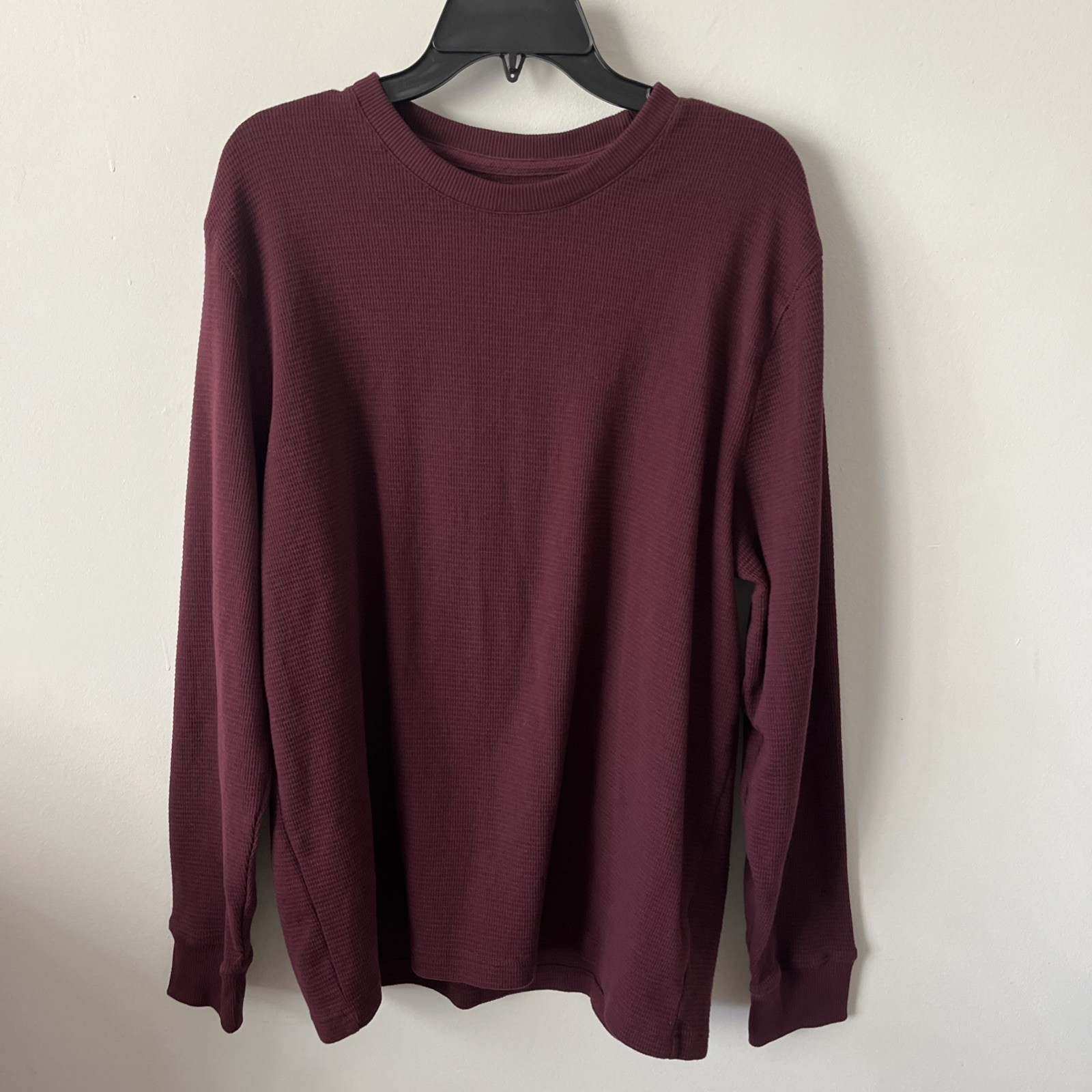Men’s Thermal Waffle Knit Shirt XL Burgundy Crewneck Layer Banded Cuffs Workwear