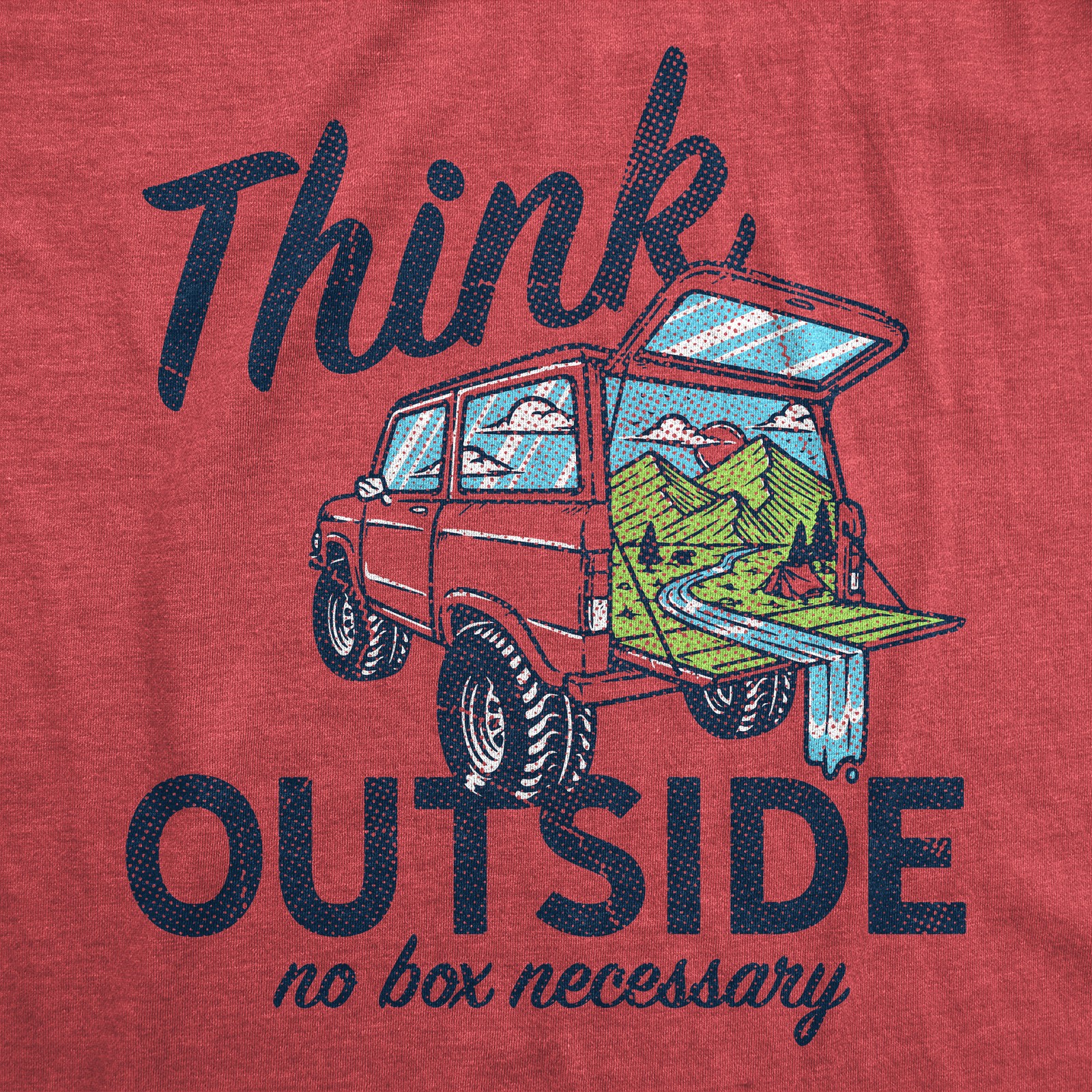 Mens Think Outside No Box Necessary Funny Camping Vintage Car Trunk T shirt gallery