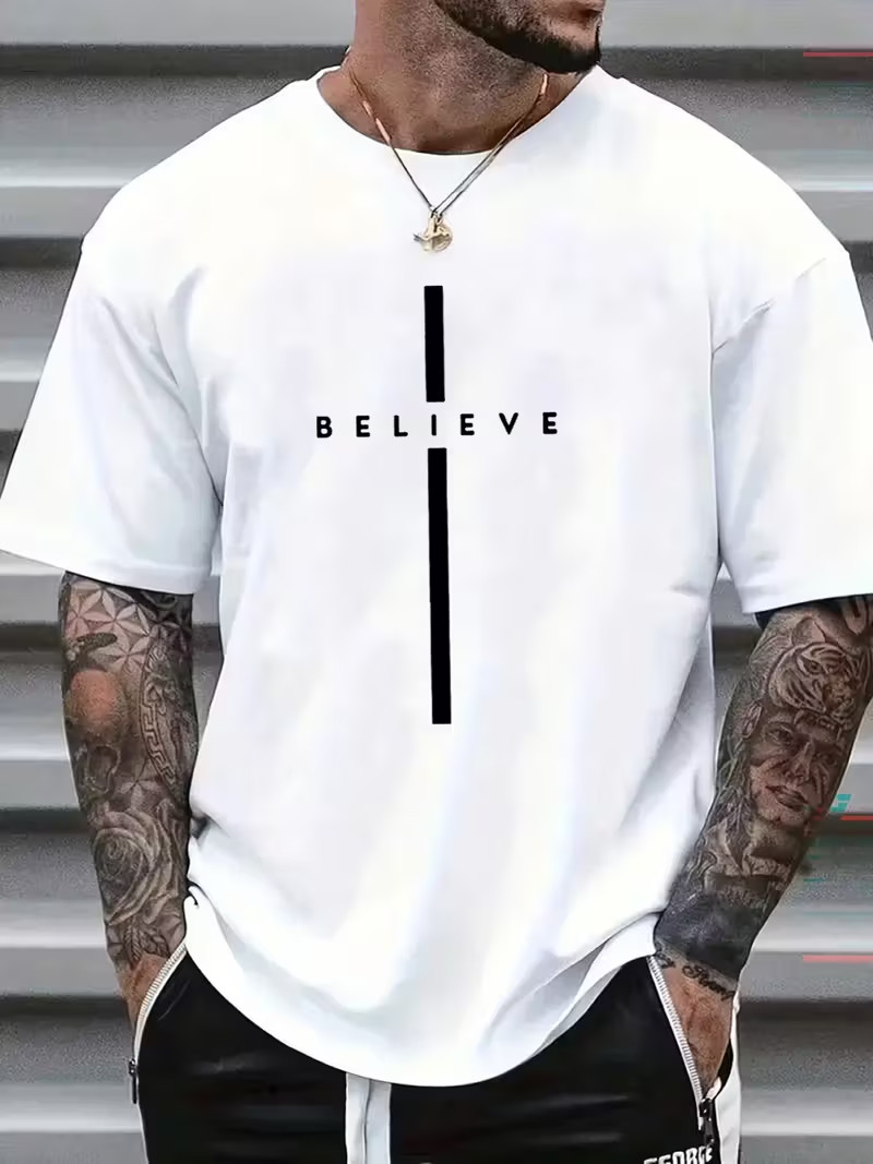 Mens TShirt size- Large Crew Neck Faith Based Believe Cotton ShortSleeves Shirt gallery