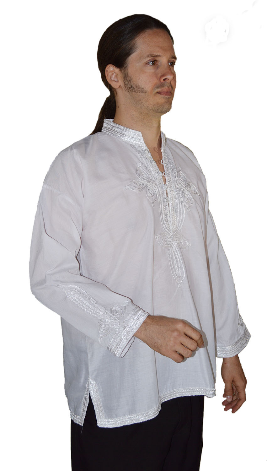 Moroccan Men Tunic Shirt Cafan Casual Handmade Embroidered Cotton X- Large White gallery