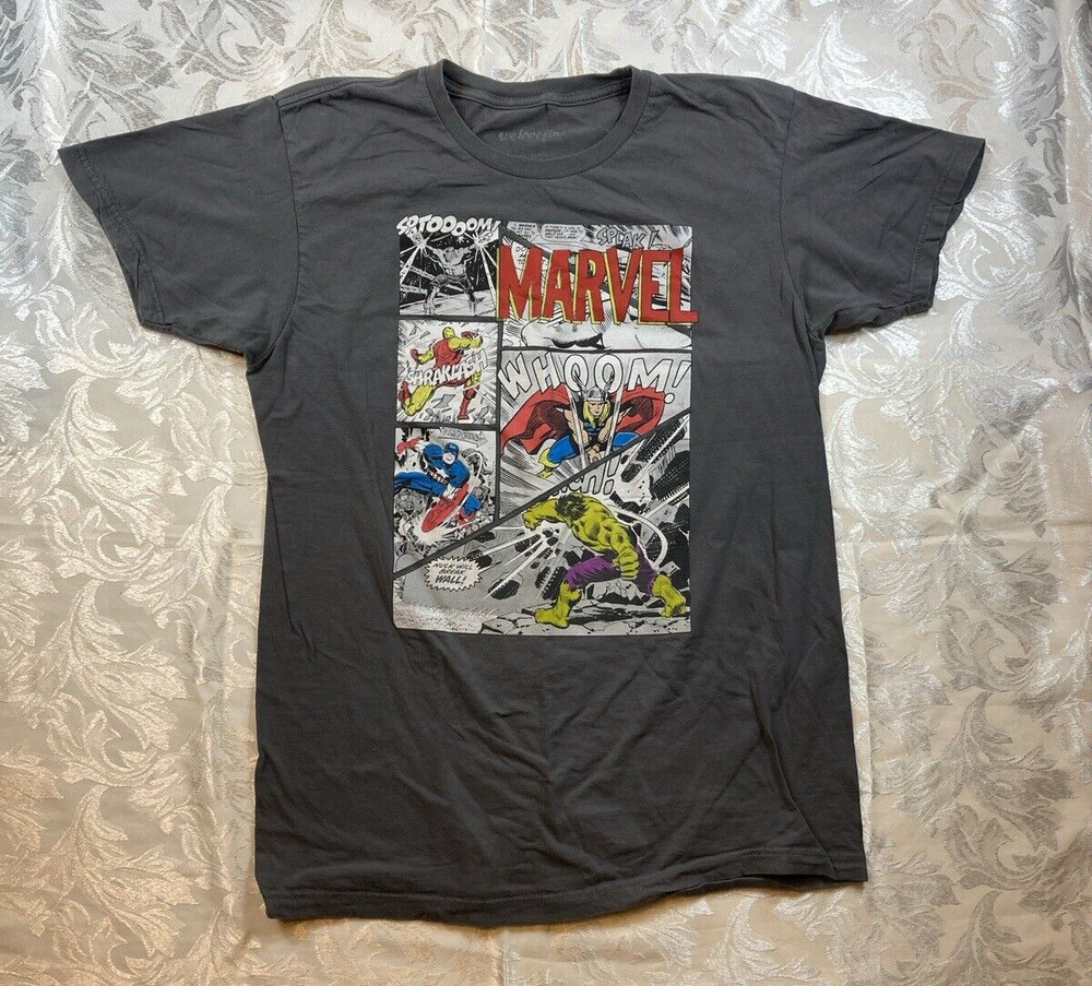 Marvel Comic Classic Character Collage Charcoal Grey T Shirt Sz L Graphic Modern