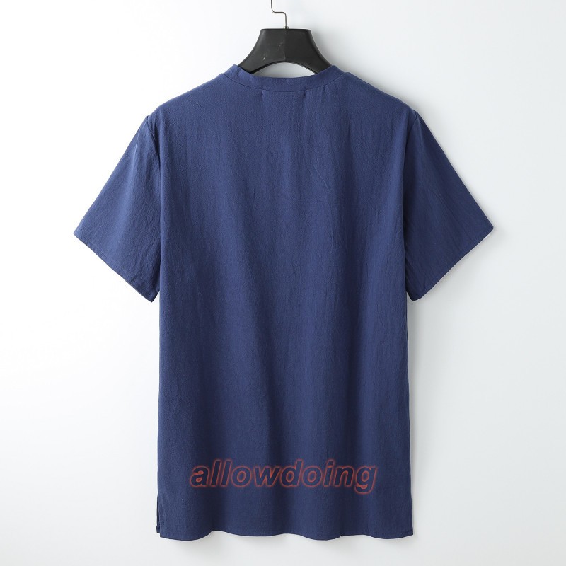 Men's Stand-up Collar Short Sleeve Cotton Hemp Summer T-shirt Loose Linen V-neck gallery