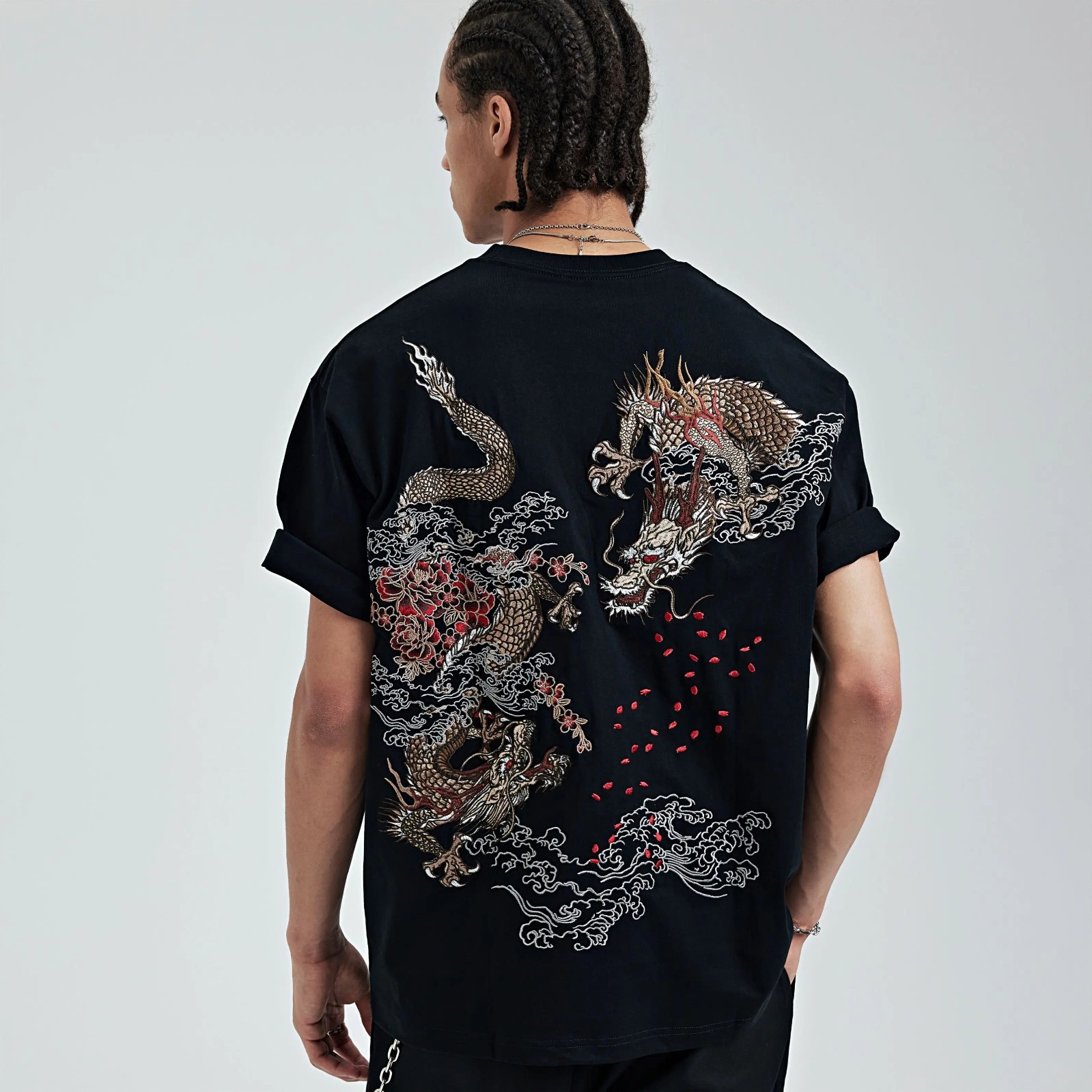 Men’s Embroidered Dragon T-Shirt Hip Hop Short Sleeve Heavy Stitch Streetwear