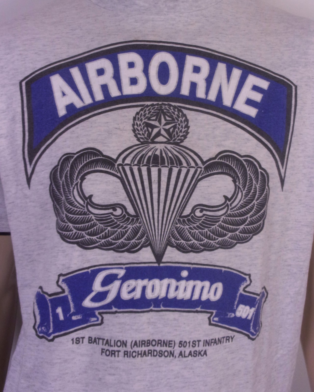 vintage 90s Airborne Geronimo T-Shirt 2 ply single stitch 1st / 501st Infantry L gallery