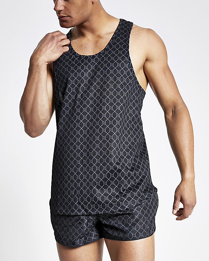 River Island Mens Black RI Monogram Racer Slim Fit Sleeveless Mesh T-shirt gallery