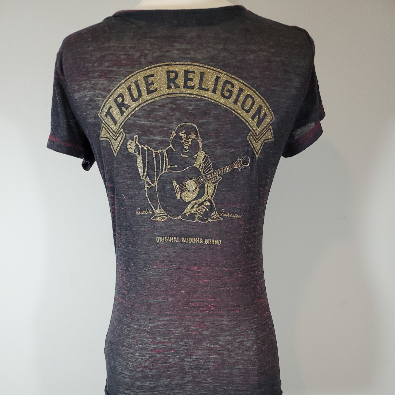 True Religion Womans Small Burn Out T Shirt Top Logo Short Sleeve Semi Sheer gallery