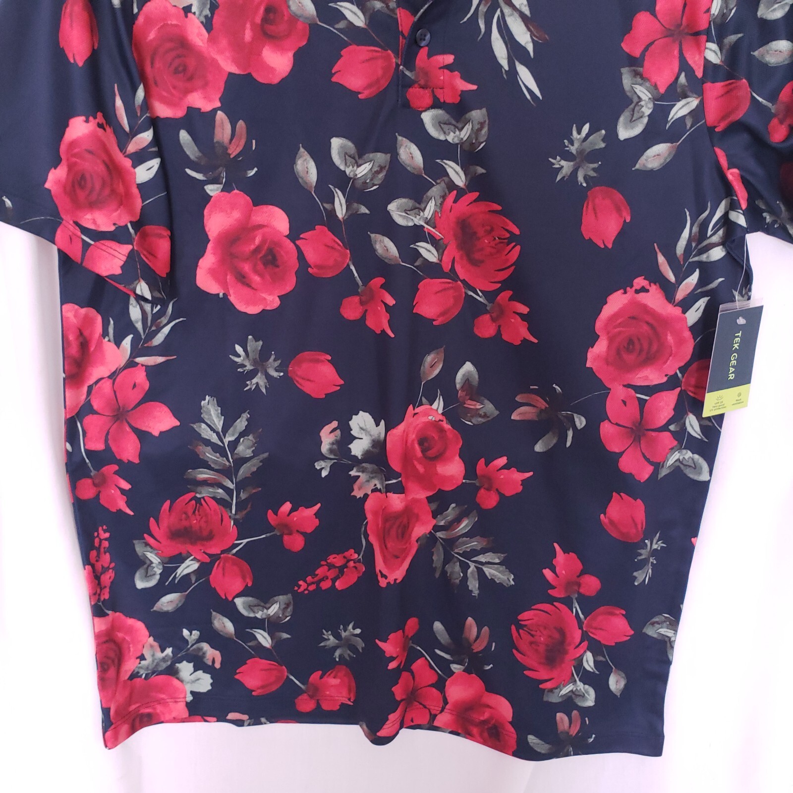 Tek Gear Navy Blue Red Roses Floral Collar Button Up Athletic Shirt Size M gallery