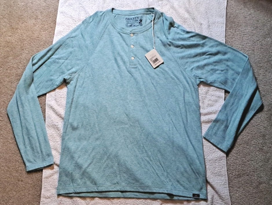 New FAHERTY Cloud Cotton HENLEY T-Shirt Men’ Large Green Smooth Jade Heather