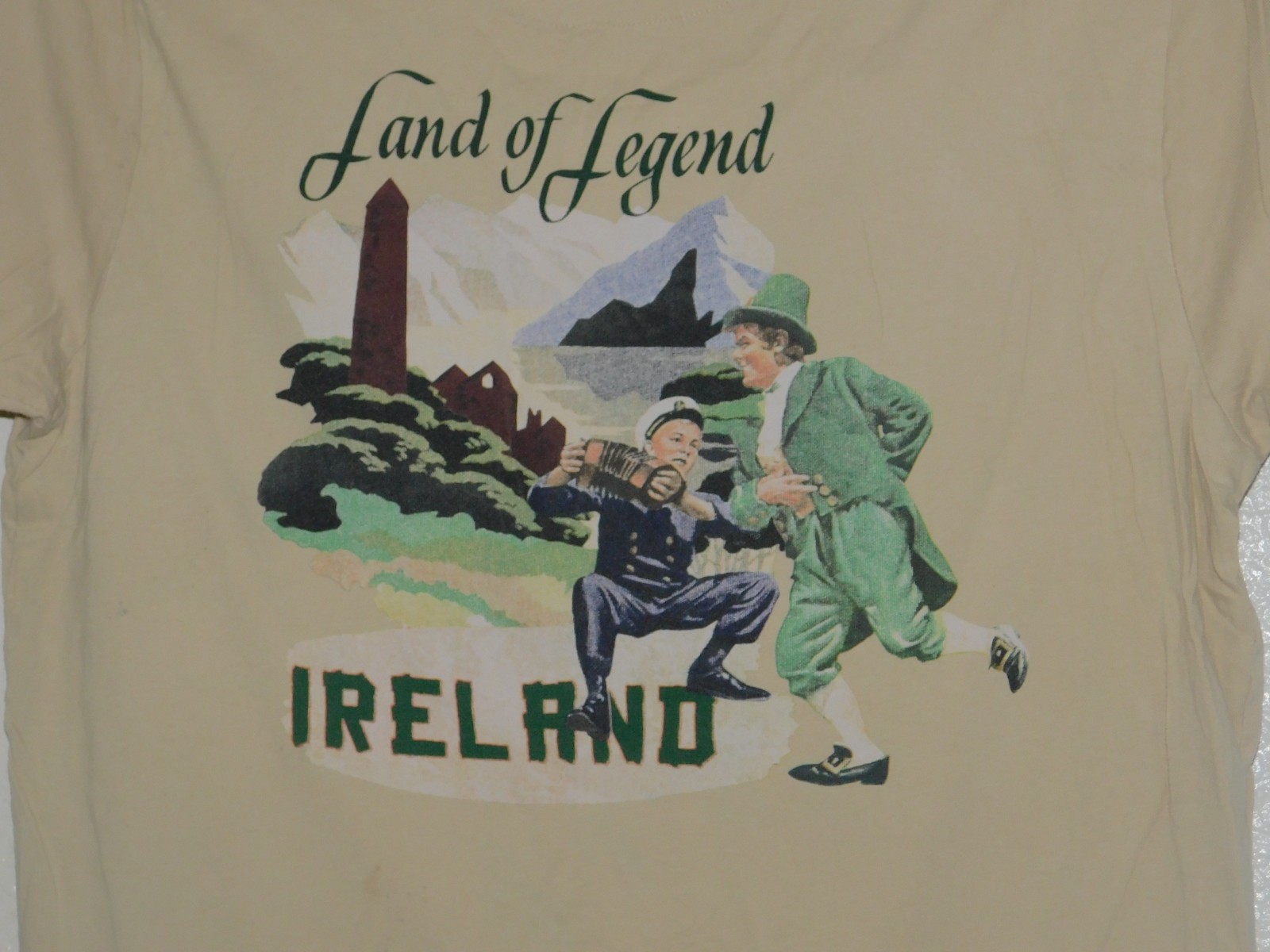 Mens Medium Land of Legend Ireland Tshirt Tan Denim & Flower T Shirt gallery