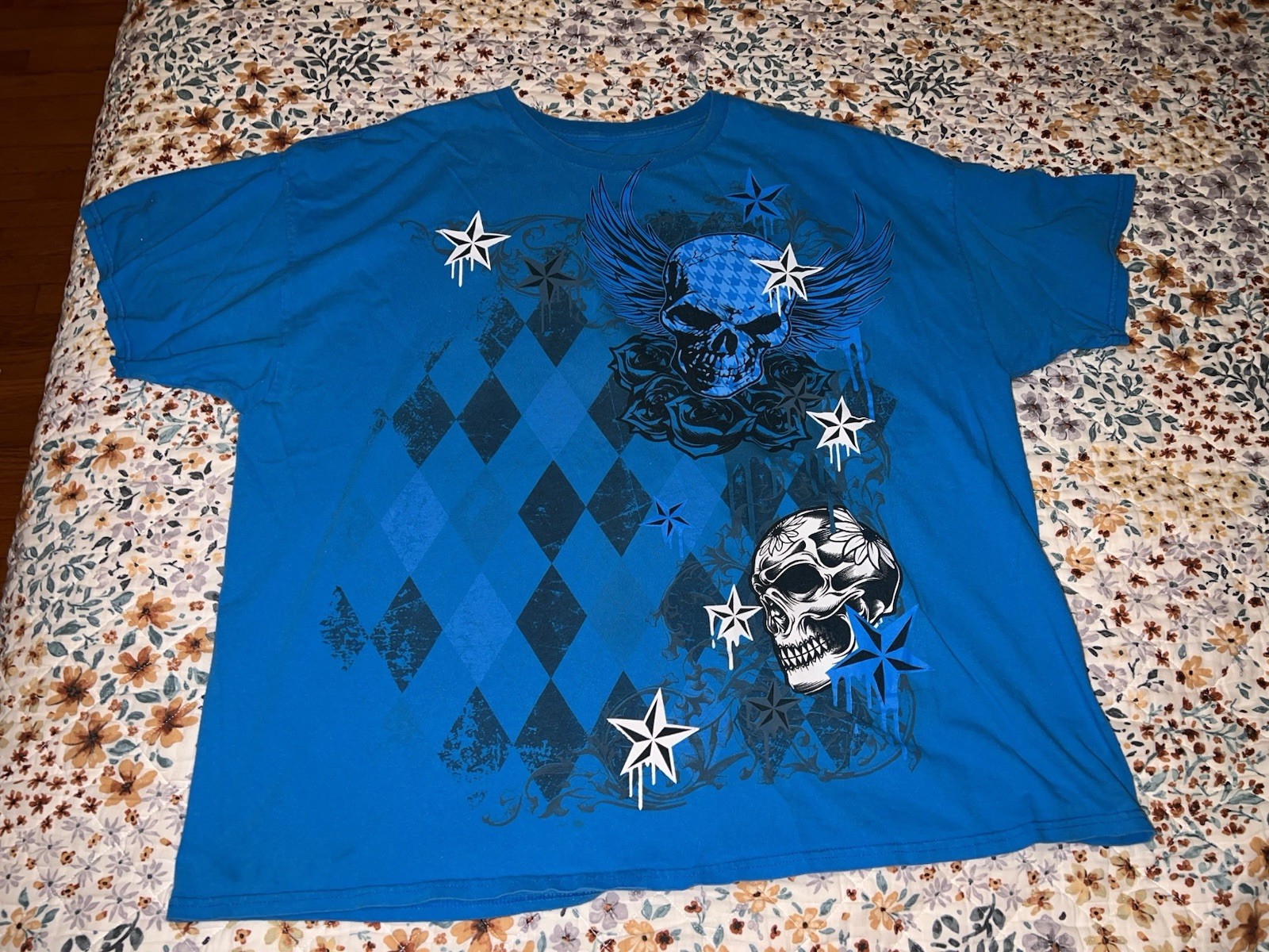 Y2K Big Skulls T-Shirt Size 2XL ?? Blue Argyle Stars See Pics No Tag gallery