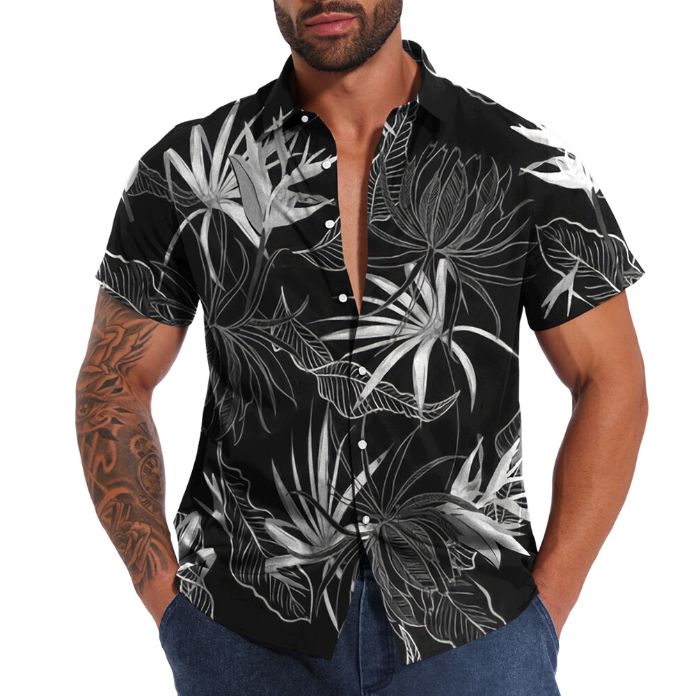 Button Down Shirts Men Black White Hawaiian Dress Short Sleeve Party Up Soft Tee gallery