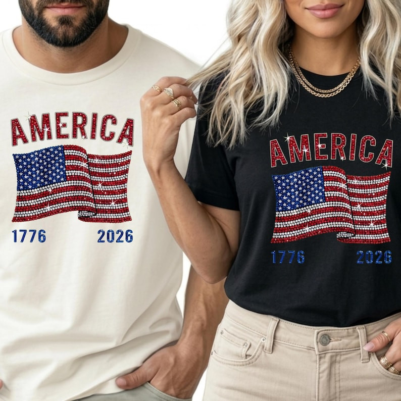 America 250 Bling Shirt, Patriotic Sparkle Flag Tee, 4th of July Gift gallery