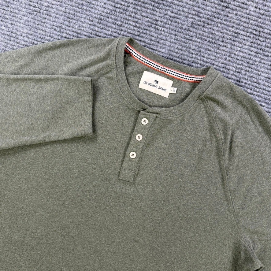 The Normal Brand Mens Large Olive Green Long Sleeve Raglan Henley Shirt Casual gallery