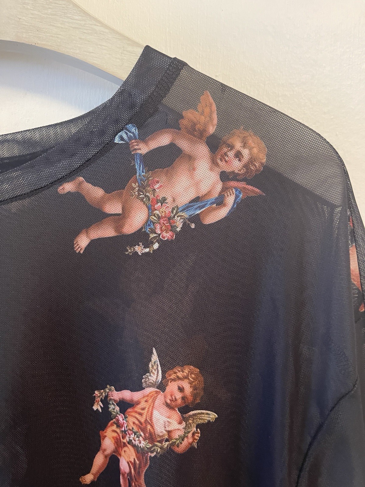 Shein Shirt Semi Sheer Cherub Angel Print Medium Mens Black Club wear Street gallery
