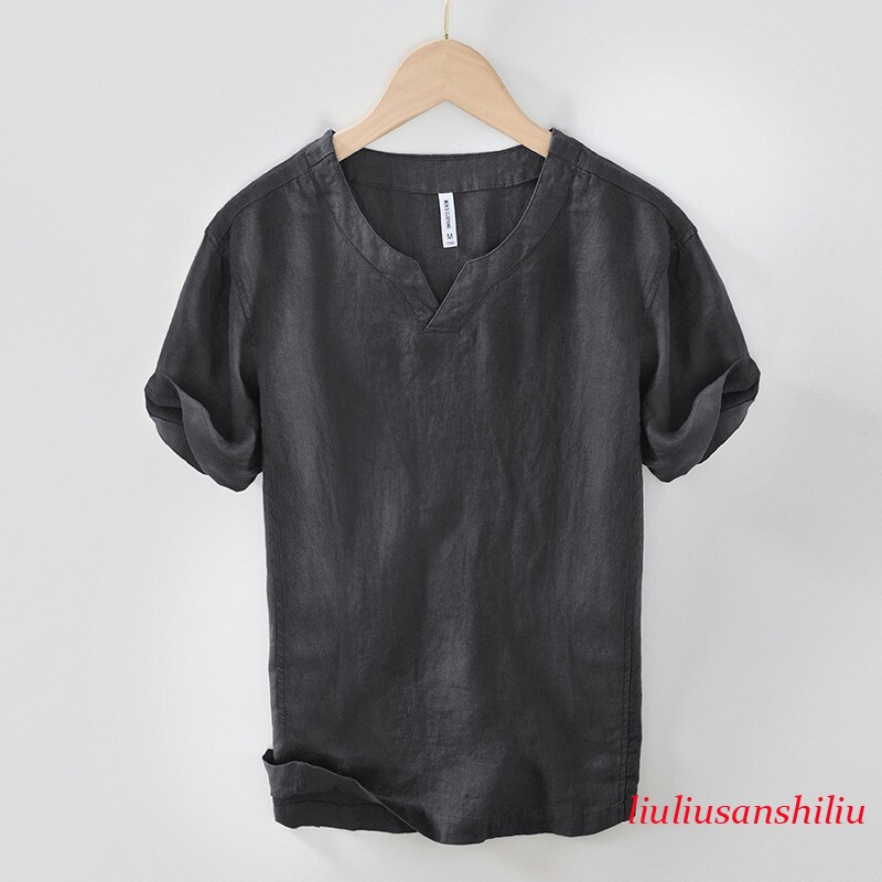Men 100% Linen T-shirt V Neck Summer Short Sleeves Retro Tops Casual Undershirt gallery