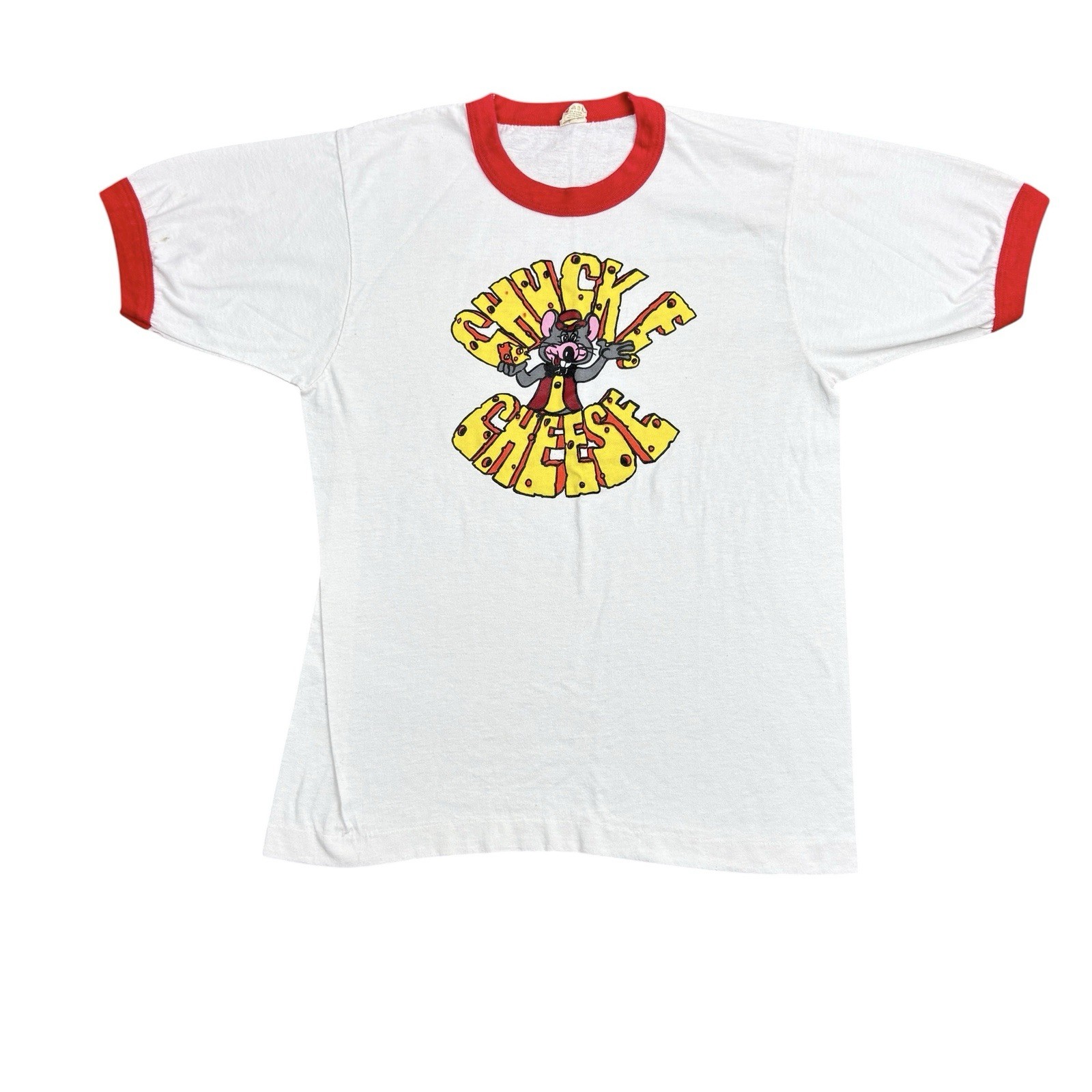 Vintage 80s Chuck E Cheese Ringer T-Shirt Size Small Showbiz Pizza Palace USA