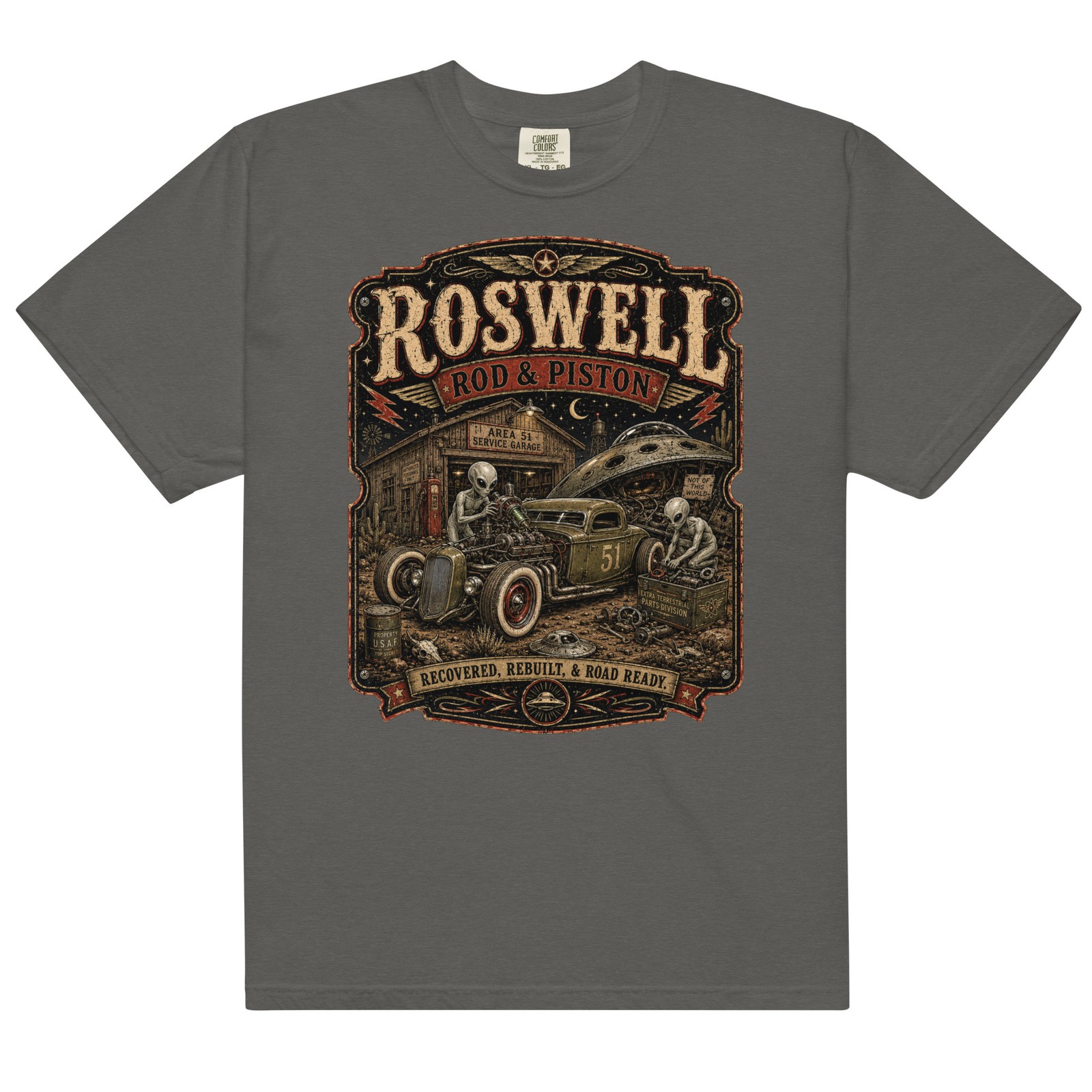 Roswell Rod & Piston Alien Garage T-Shirt Hot Rod Flying Saucer UFO Tee S-4XL