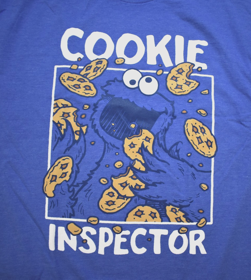 Sesame Street Mens Cookie Monster Cookie Inspector Funny Blue Shirt New Large gallery