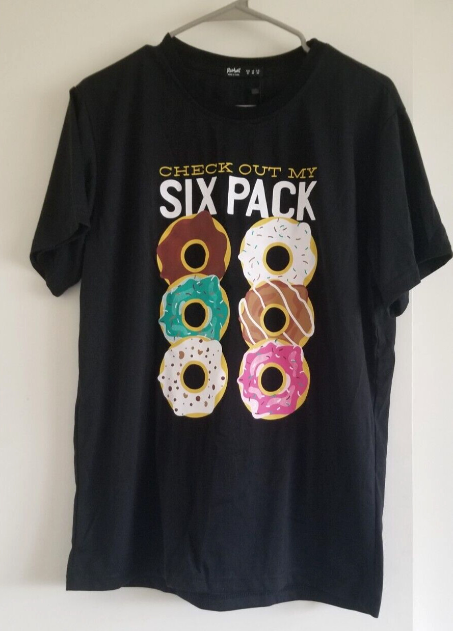 ROMWE Mens Black T Shirt Graphic Check out My Six Pack donuts Size M  NWT