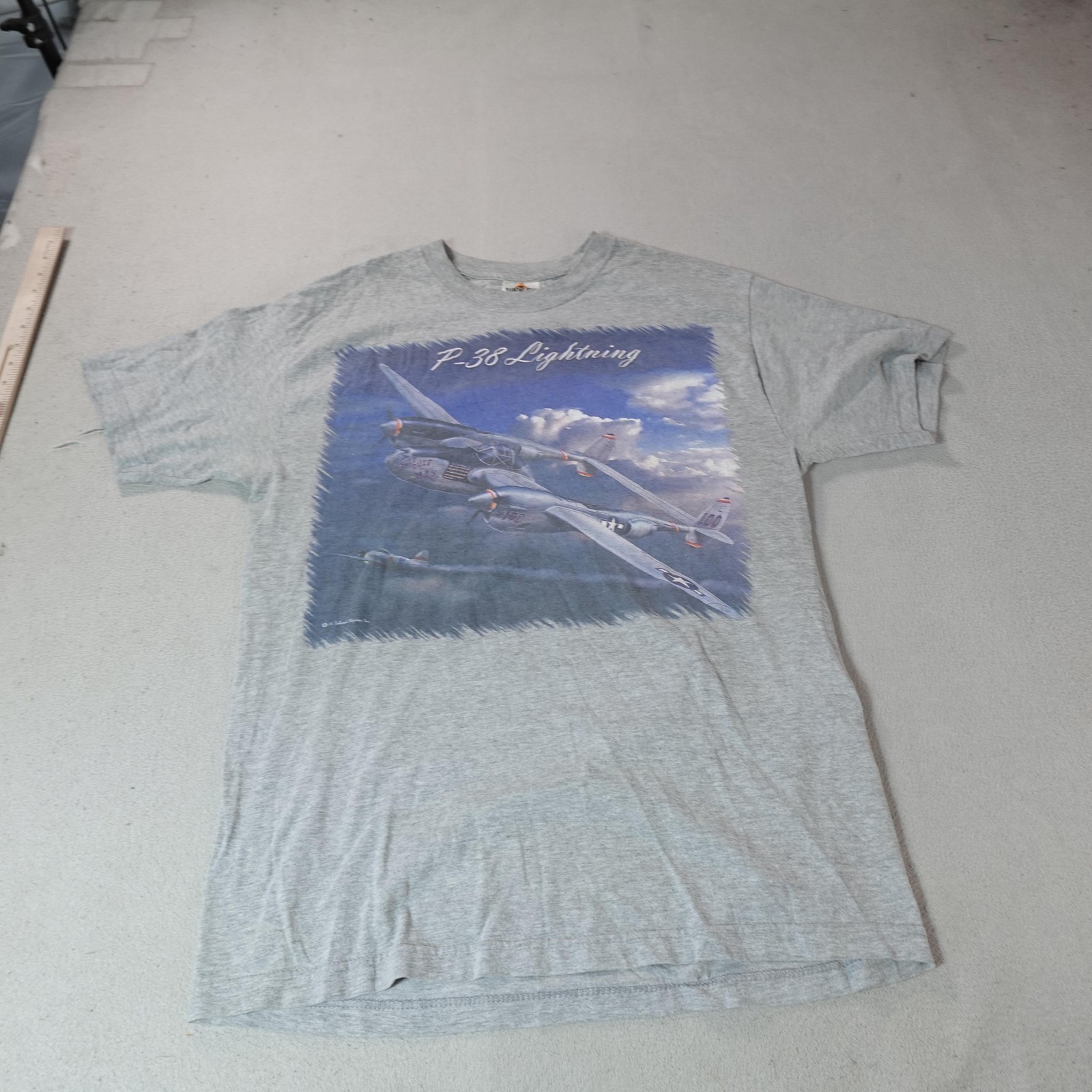 Vintage P-38 Lightning Shirt Mens Large Gray WWII Airplane Tee Diamond Star T gallery