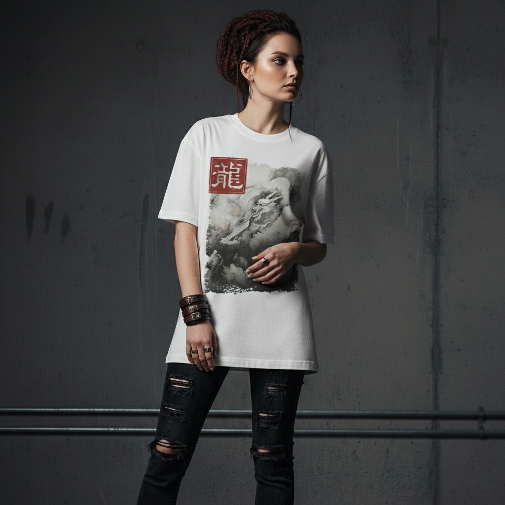 Japanese Dragon T-Shirt Monochrome Sumi-e Art Taikan Yokoyama Graphic Kanji Zen gallery