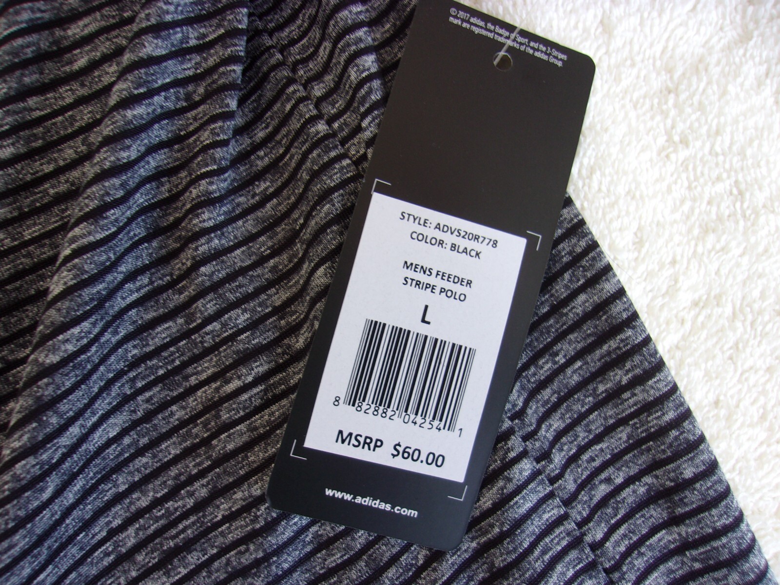 NWT Adidas polo, mens S, M, L, or XXL, gray, black stripes, pointed collar, $60 gallery