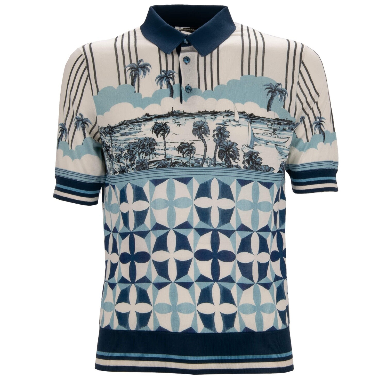 DOLCE & GABBANA Gio Ponti Design Palm Silk Polo Shirt T-Shirt Blue White gallery