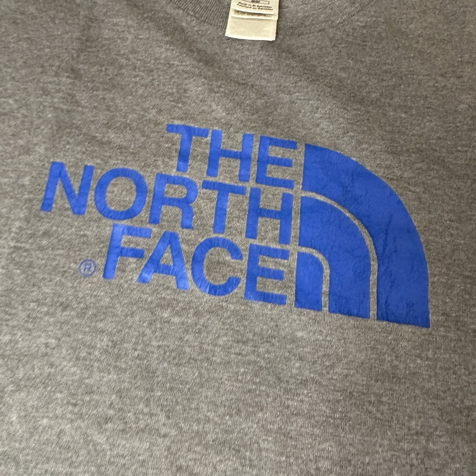 The North Face T Shirt Mens M Gray Blue Spell Out Logo Camping Outdoor Tee gallery