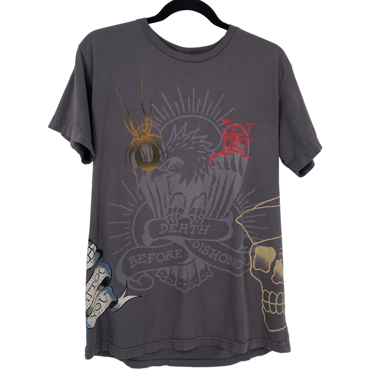 Y2K Ed Hardy Audigier Tattoo Art Skull Graphic Tee L Cotton Grey Made In USA gallery