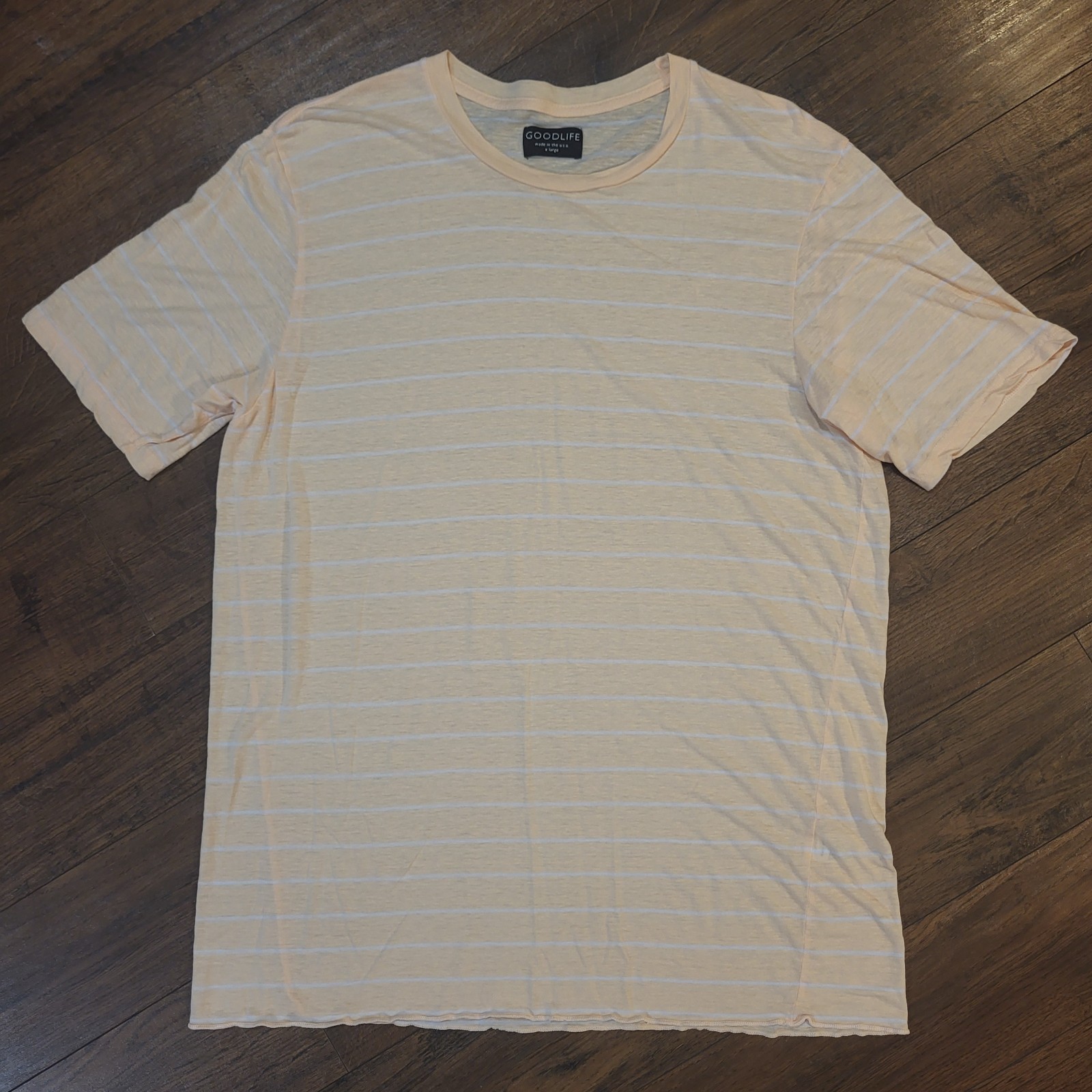 GoodLife Striped T Shirt Mens XL Peach Curved Hem Crew Thin Lyocell Linen USA