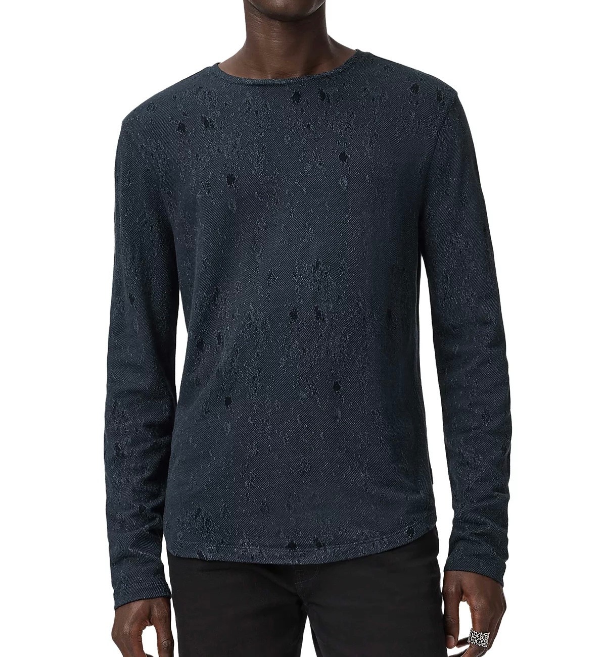 John Varvatos Collection Men's Vera Distressed Jacquard Textured Crew Tee Navy gallery