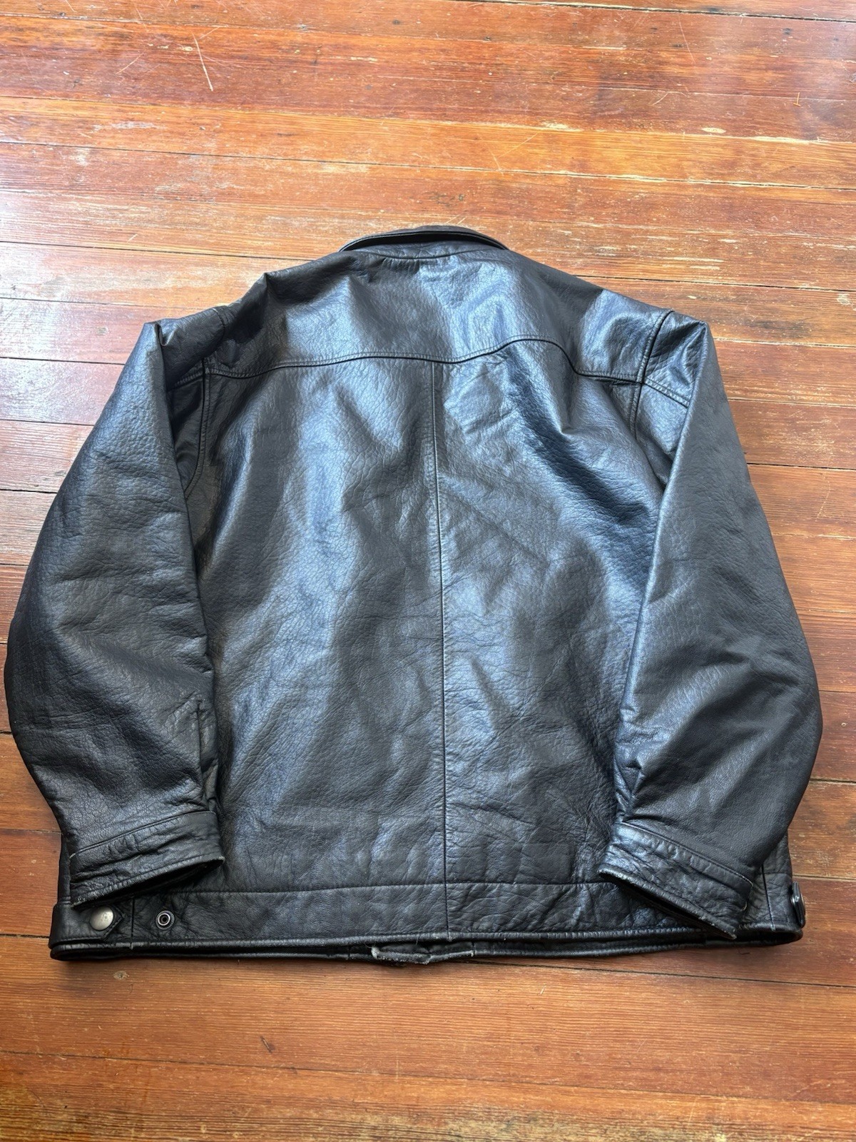 Vintage 80s Leather Jacket Mens Black Genuine Size XL YBS Zipper Rare gallery