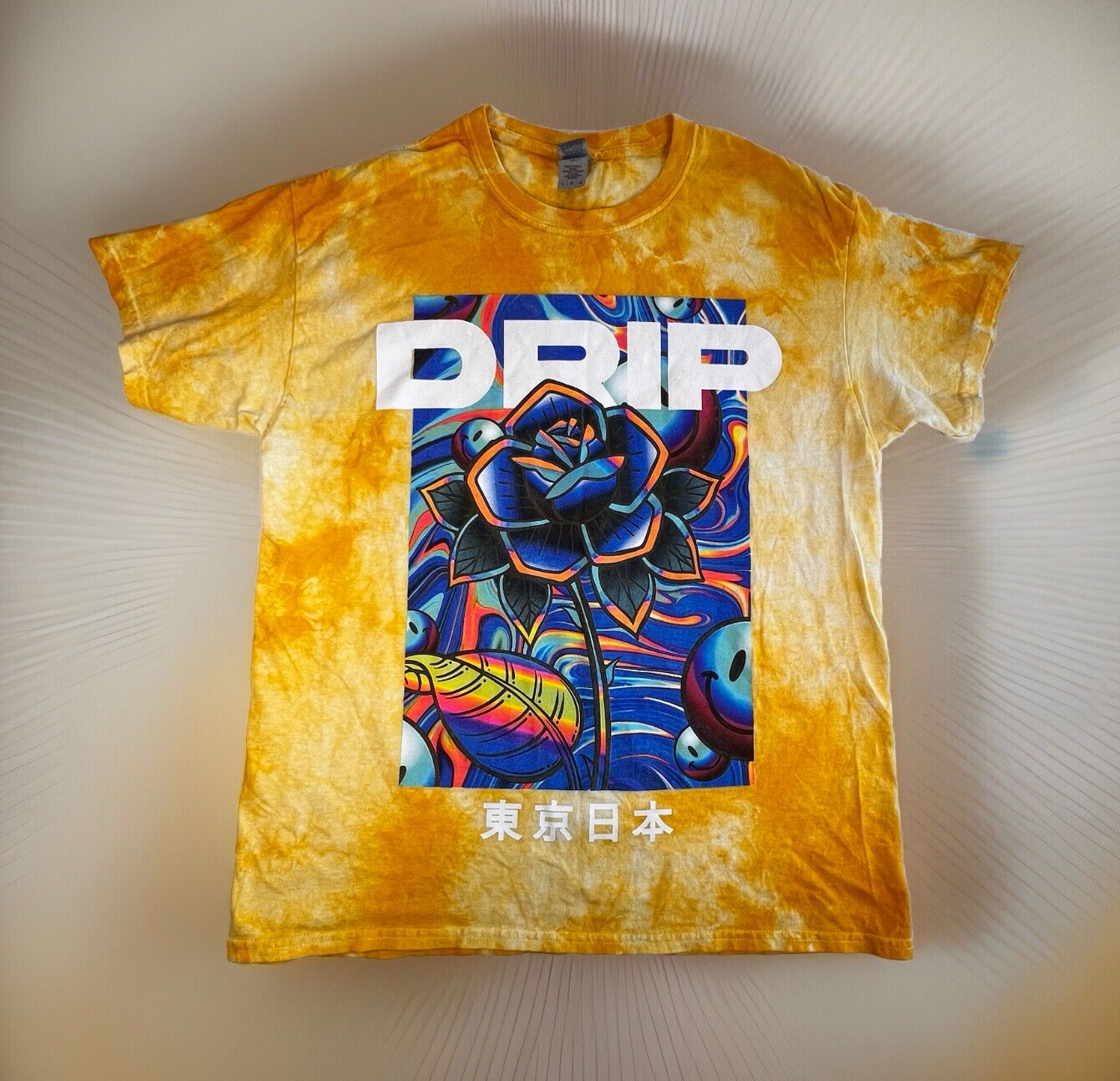 DRIP T-Shirt Men’s LARGE Yellow Tie Dye Rose Smiley Face Psychedelic Tokyo Japan