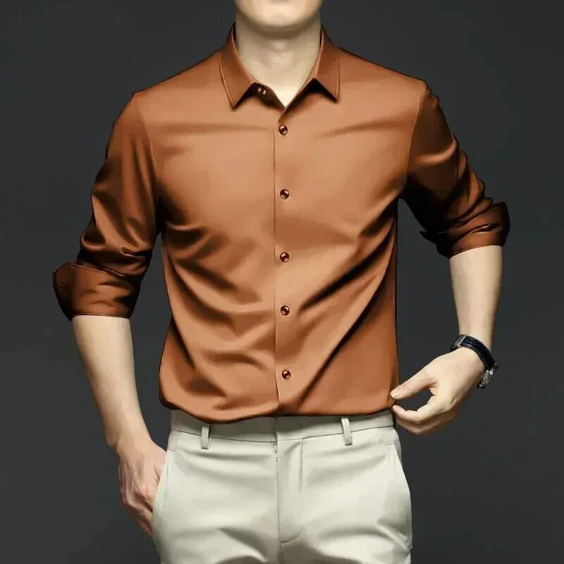 Men's Long Sleeve Shirt Pure Color Shirt Business Casual Ice Silk Glossy Shirt gallery