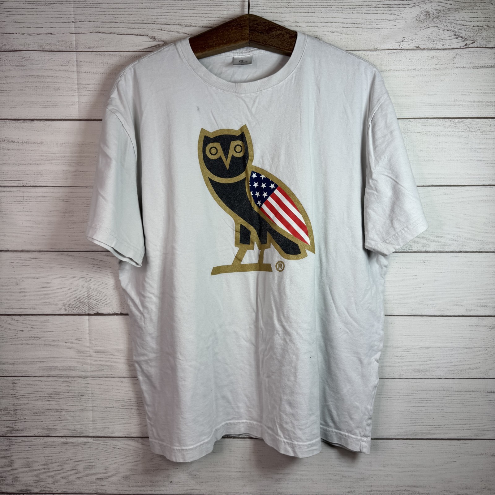 OVO Shirt Mens XL White American Flag Owl Logo Graphic Tee T-Shirt USA gallery