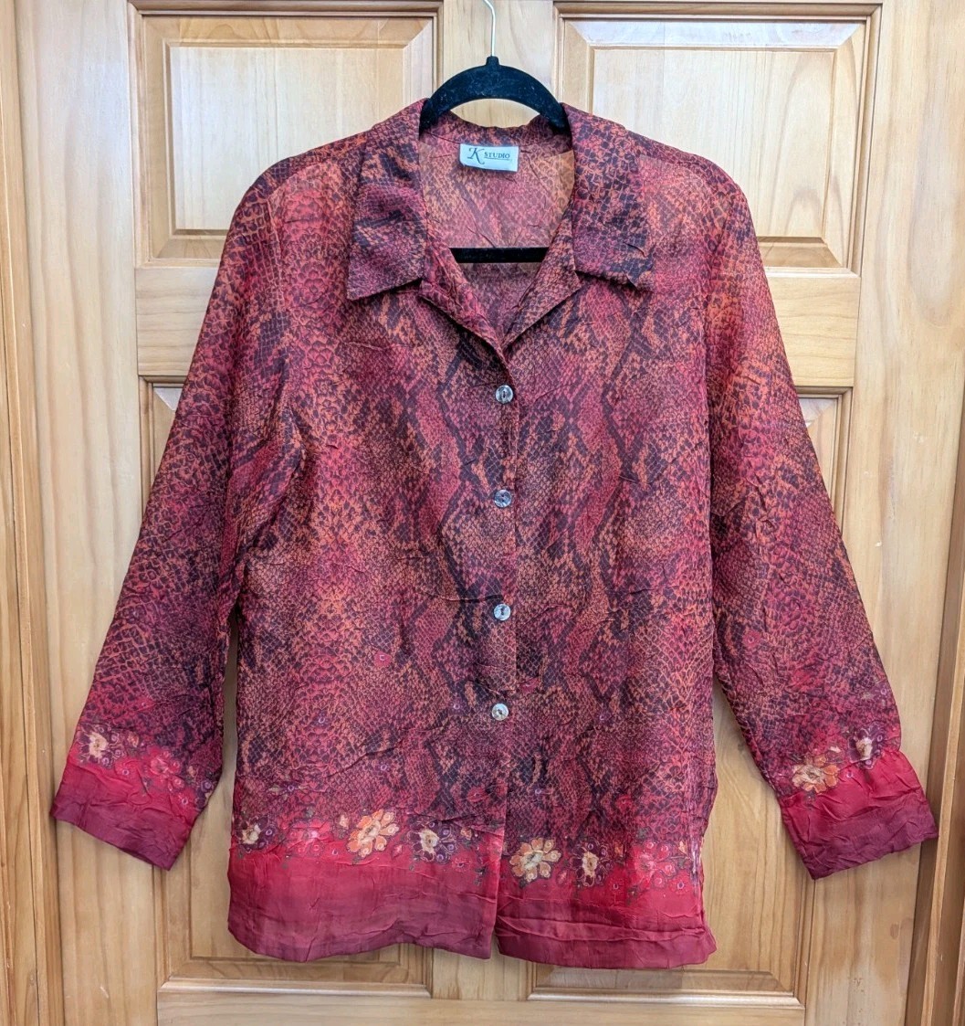 K Studio Women’s No Size Semi Sheer Button-Down Front Collar Long Sleeves