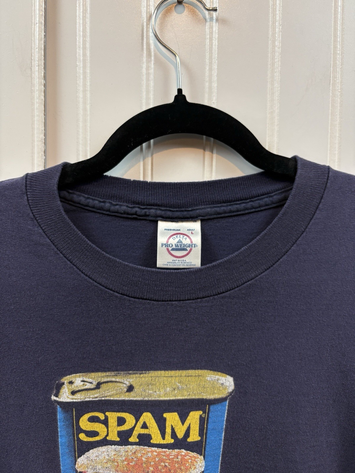 Vintage 2000s SPAM Can T-Shirt Size Large Navy Blue Formal Foods Snack Delta gallery