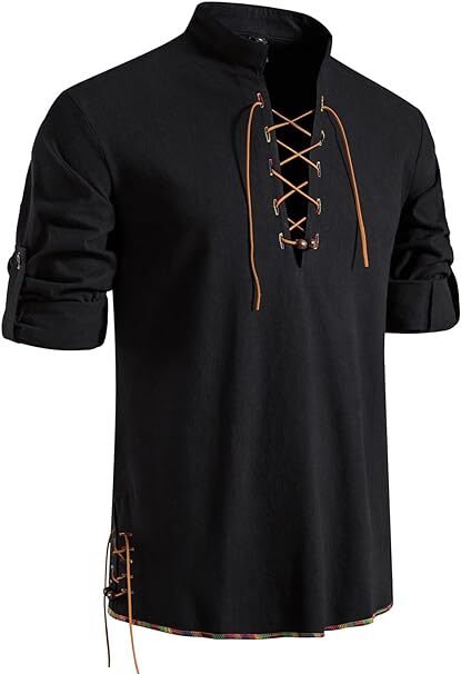 Men's Casual Long Sleeve Henry Shirt Lace-Up Stand-Up Collar Cotton Linen Blouse gallery