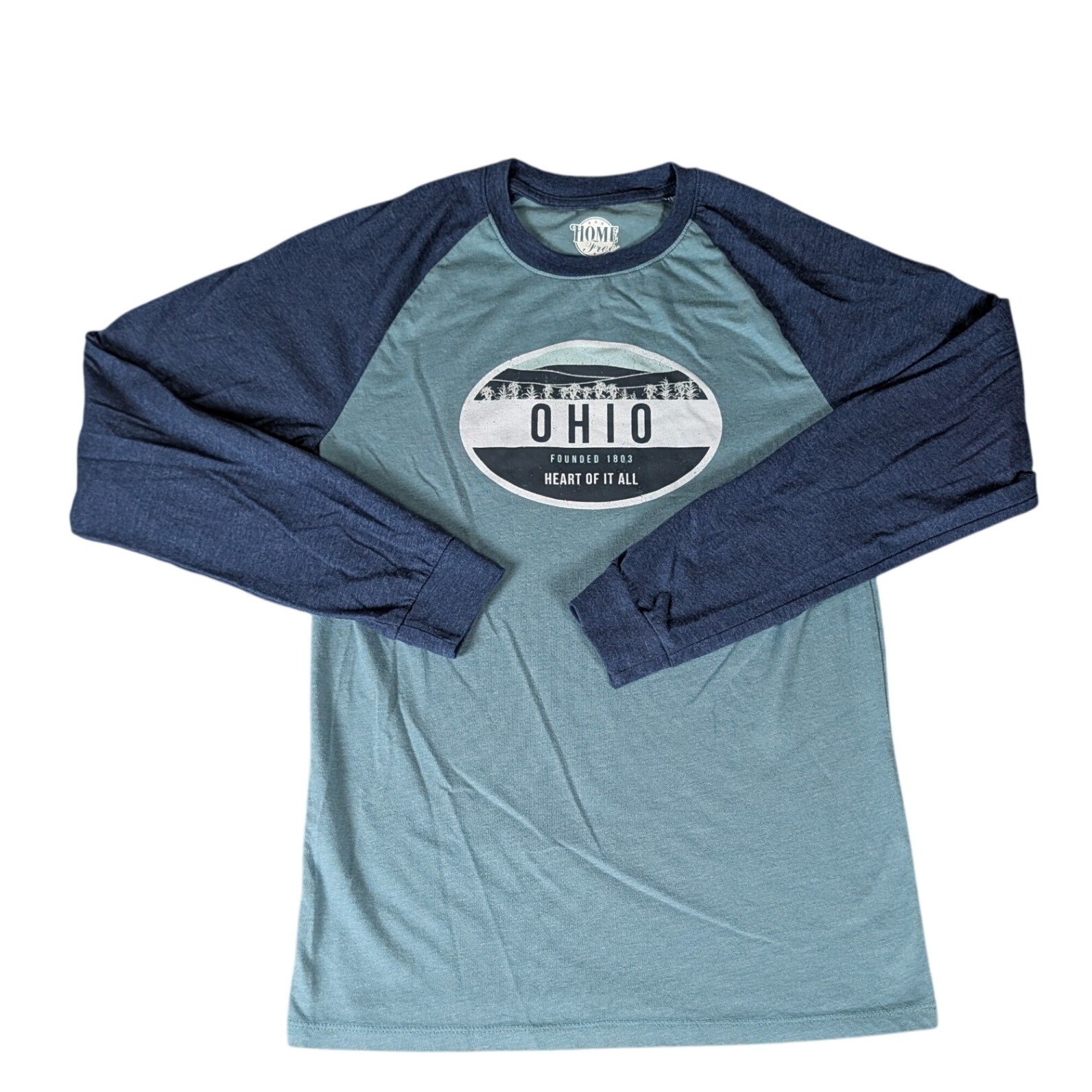 Home Free Ohio Heart of It All Raglan Long Sleeve Graphic Tee Teal Navy Blue gallery