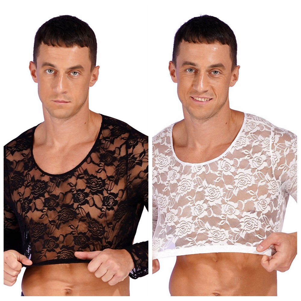 US Sissy Mens See Through Sheer Lingerie Lace Babydoll Crop Top T Shirt Clubwear gallery