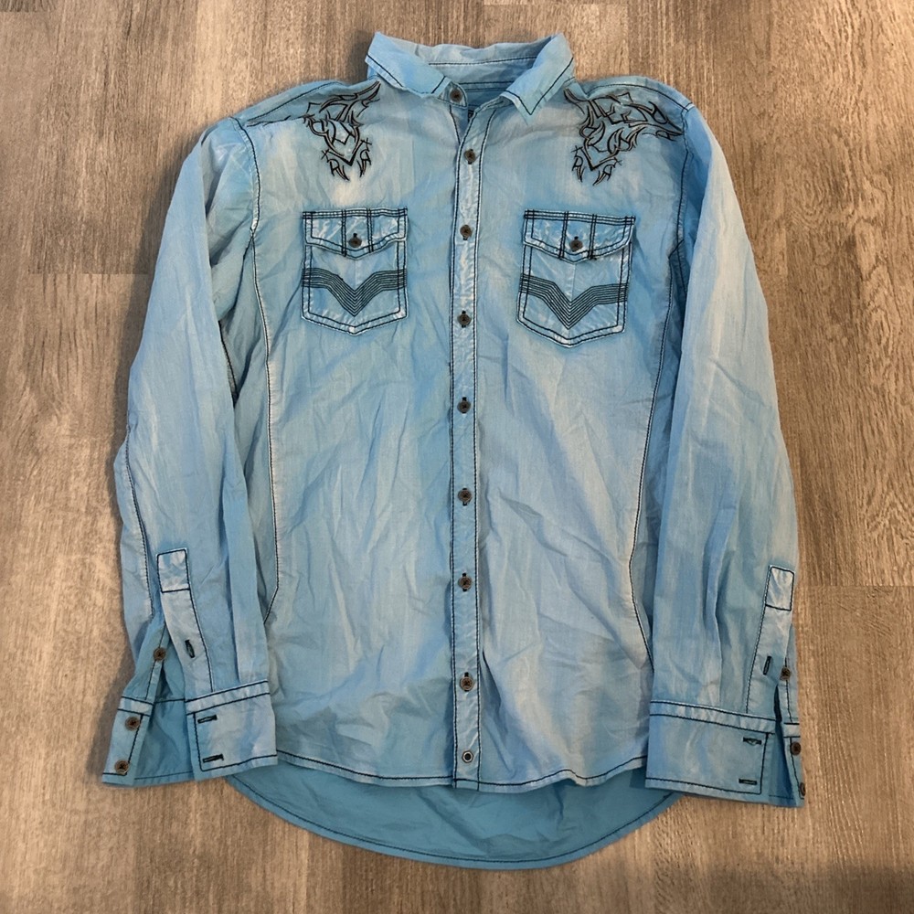 Y2K Buckle Black Button Up Double Sided Graphic Shirt – Mens Large – Blue