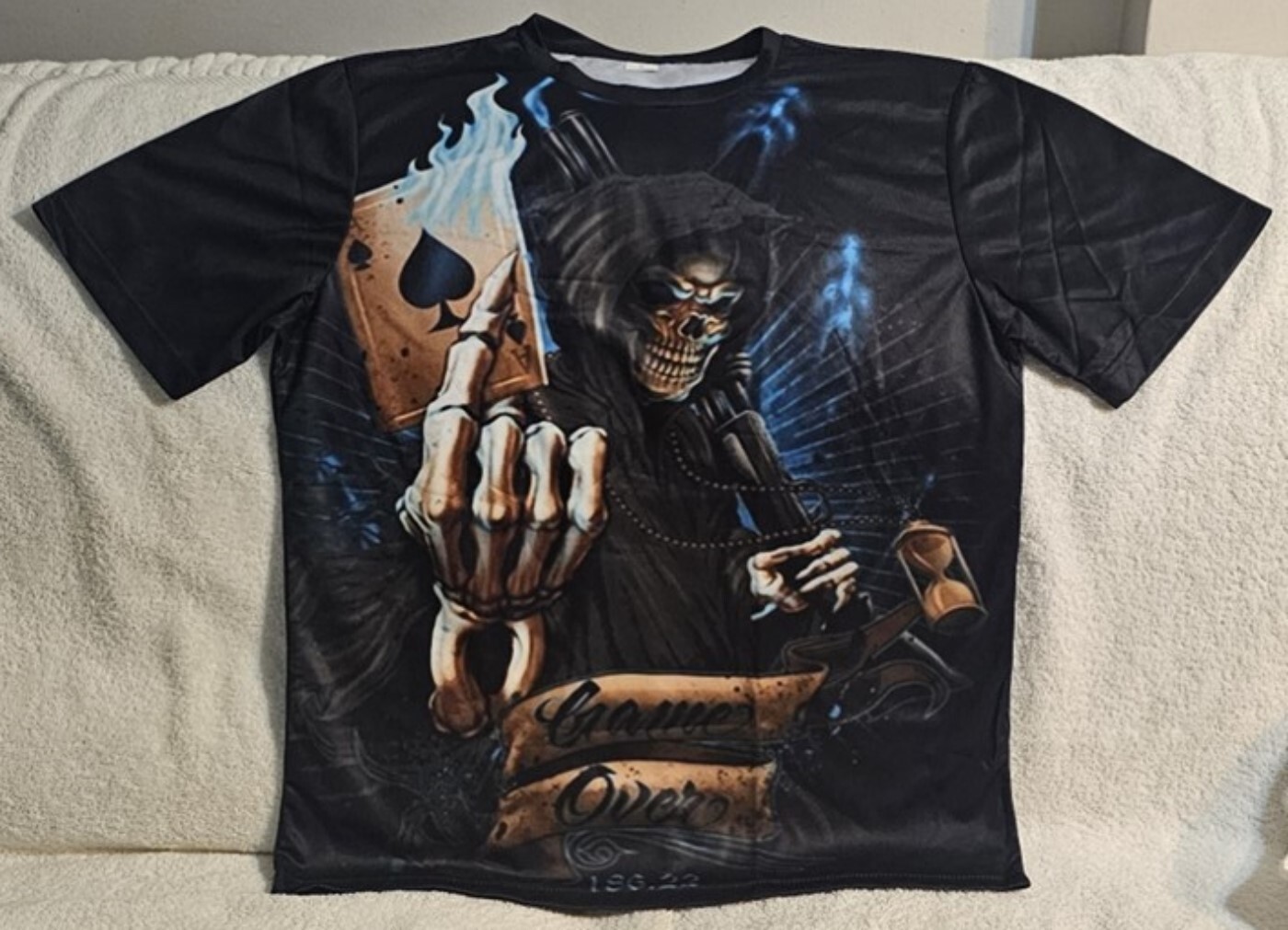 GRIM REAPER ACE SPADES CARD FLAME GUN GAME OVER SKULL HORROR SCARY T-SHIRT gallery