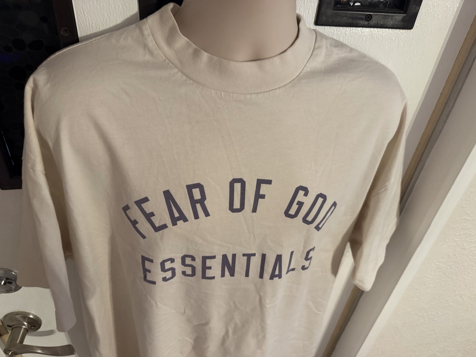 Fear of God Essentials oversized beige/tan graphic T-shirt front arch Logo Clean