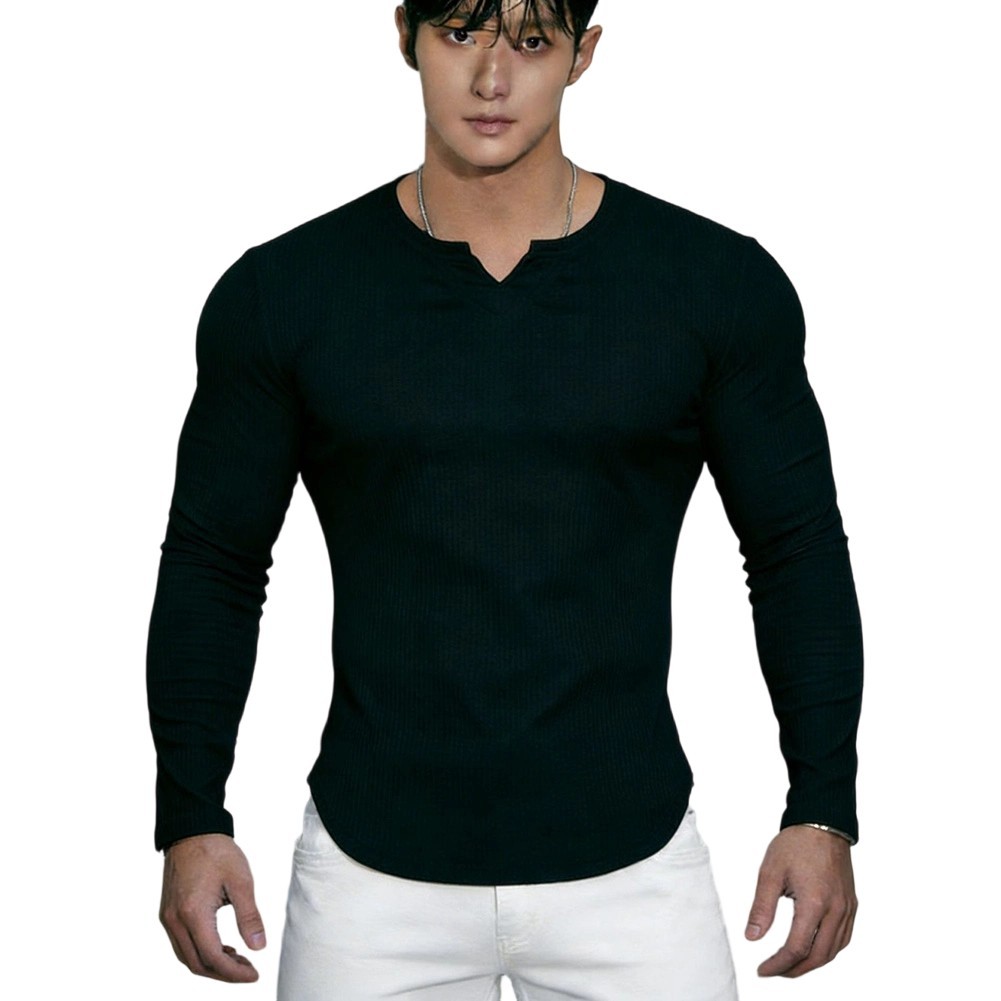 V Neck Long Sleeve Elastic Tee Top for Men Polyester Spandex Workout Streetwear gallery