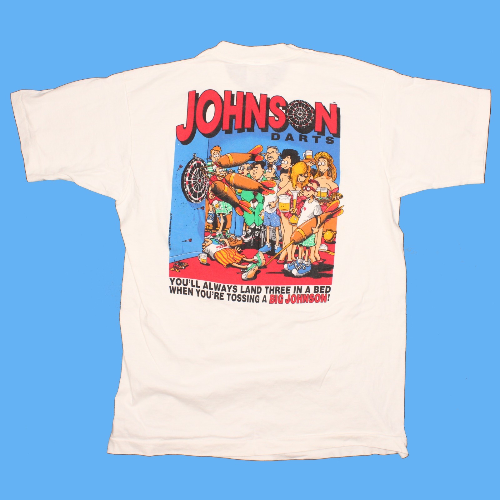 Big Johnson Darts T Shirt size Large White Vintage 1995 Single Stitch Tee