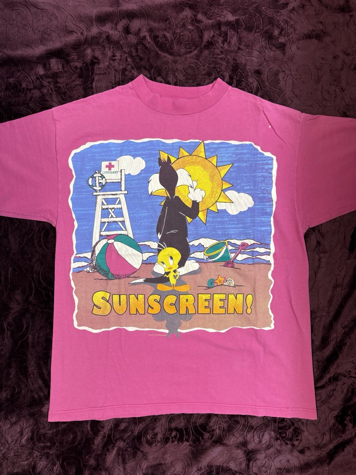 Vintage 94’ Tweety Bird Sylvester The Cat Sunscreen Beach Graphic Shirt Size Xl gallery
