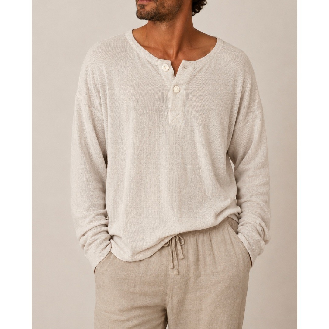 Elwood Men Oatmeal Beige Cotton Henley Long Sleeve Shirt Large ET00026