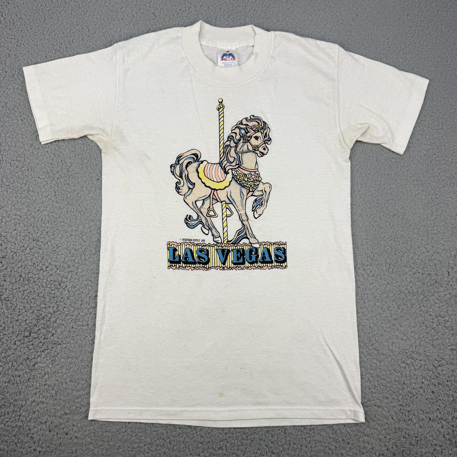Vintage Las Vegas Carousel Horse Graphic Shirt Mens Medium White Glitter 80s gallery