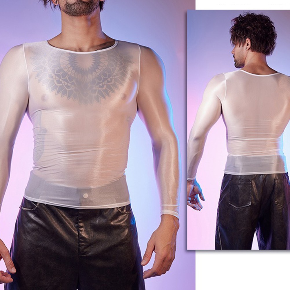 Sexy Lingerie Men's Oil Shiny Long Sleeve Sheer Tights O Neck Top Shirt gallery